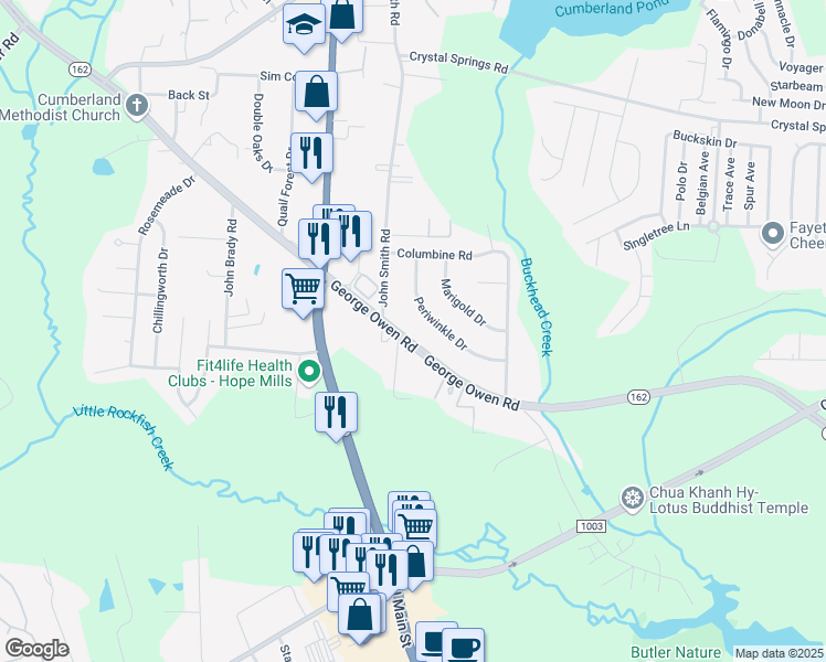 map of restaurants, bars, coffee shops, grocery stores, and more near 2731 George Owen Road in Fayetteville