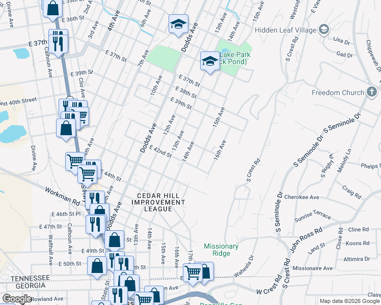 map of restaurants, bars, coffee shops, grocery stores, and more near 4108 14th Avenue in Chattanooga