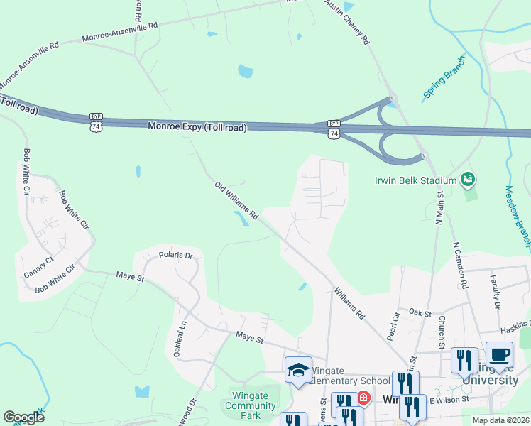map of restaurants, bars, coffee shops, grocery stores, and more near 416 Old Williams Road in Wingate