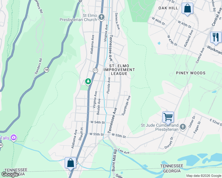 map of restaurants, bars, coffee shops, grocery stores, and more near 4914 Florida Avenue in Chattanooga