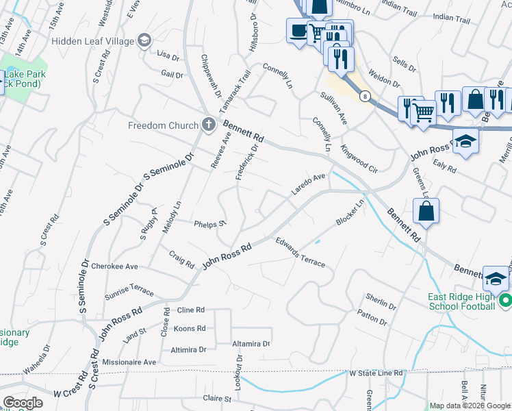 map of restaurants, bars, coffee shops, grocery stores, and more near 1319 Coleman Circle in Chattanooga