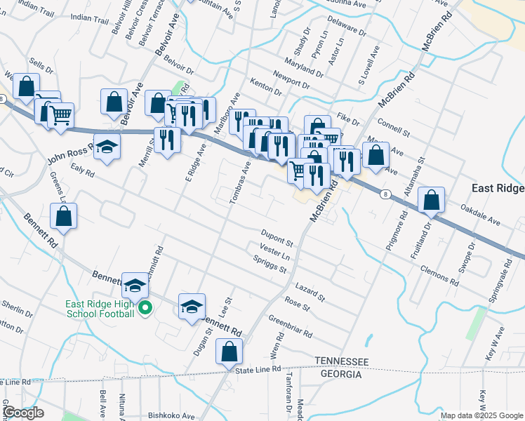 map of restaurants, bars, coffee shops, grocery stores, and more near 1521 Rosebud Drive in Chattanooga