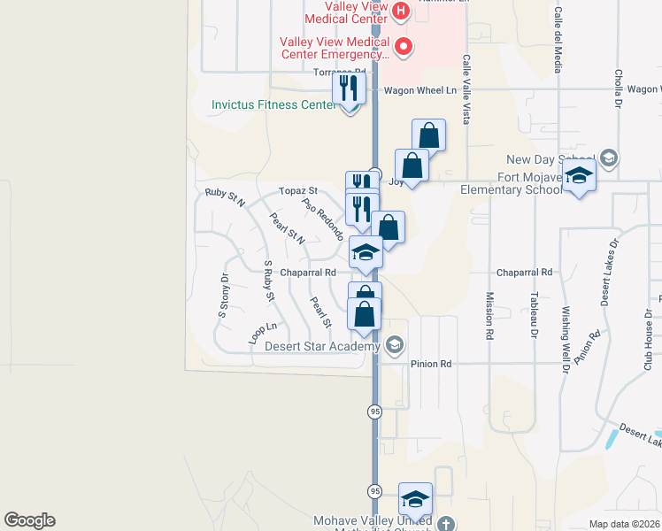 map of restaurants, bars, coffee shops, grocery stores, and more near 1444 Paseo Redondo in Bullhead City