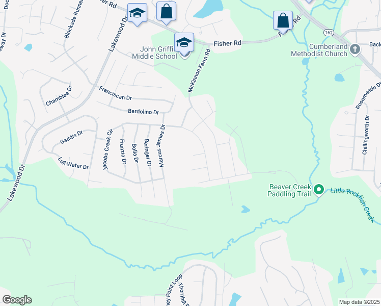 map of restaurants, bars, coffee shops, grocery stores, and more near 2414 Evermay Court in Fayetteville