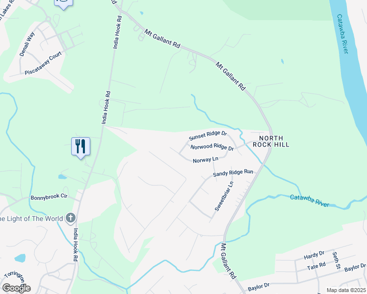 map of restaurants, bars, coffee shops, grocery stores, and more near 4200 Sunset Ridge Drive in Rock Hill