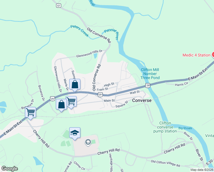 map of restaurants, bars, coffee shops, grocery stores, and more near 124 High Street in Converse