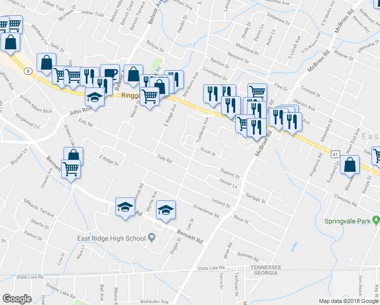 map of restaurants, bars, coffee shops, grocery stores, and more near 1603 Tombras Avenue in Chattanooga