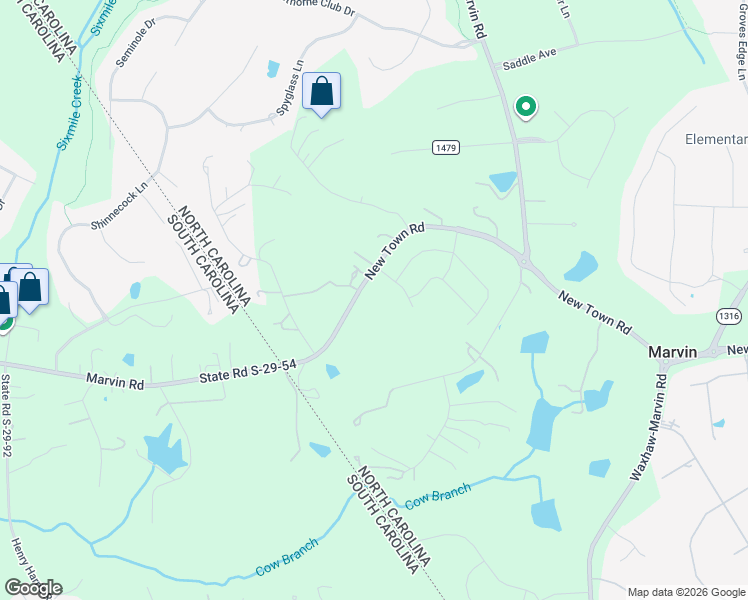 map of restaurants, bars, coffee shops, grocery stores, and more near 10501 New Town Road in Waxhaw