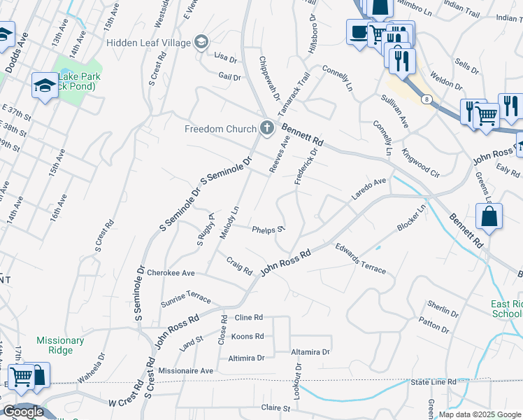 map of restaurants, bars, coffee shops, grocery stores, and more near 1414 Reeves Avenue in Chattanooga