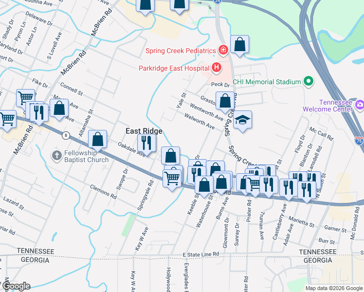map of restaurants, bars, coffee shops, grocery stores, and more near 1301 Sewanee Drive in Chattanooga