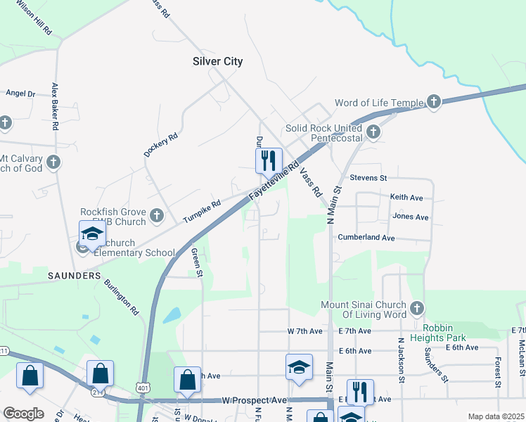map of restaurants, bars, coffee shops, grocery stores, and more near 103 Meadow Lane in Raeford
