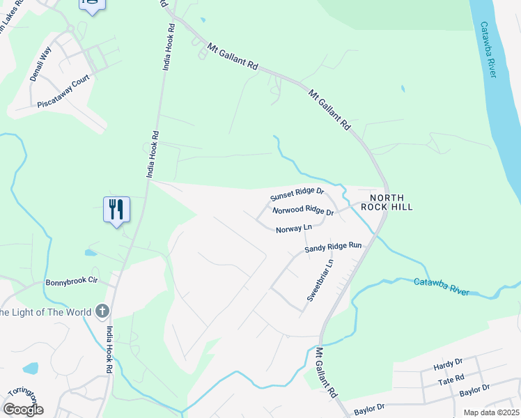 map of restaurants, bars, coffee shops, grocery stores, and more near 4200 Sunset Ridge Drive in Rock Hill