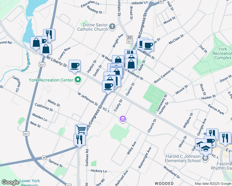 map of restaurants, bars, coffee shops, grocery stores, and more near 25 South Congress Street in York