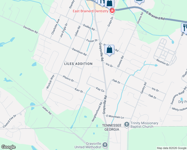 map of restaurants, bars, coffee shops, grocery stores, and more near 827 Kay Circle in Chattanooga