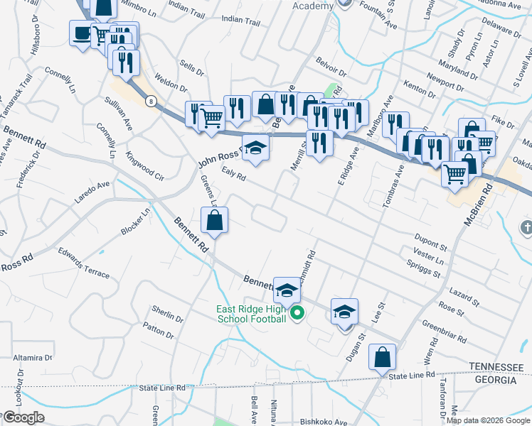 map of restaurants, bars, coffee shops, grocery stores, and more near 4114 East Ridge Drive in Chattanooga