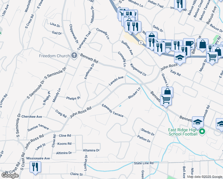 map of restaurants, bars, coffee shops, grocery stores, and more near 1268 John Ross Road in East Ridge