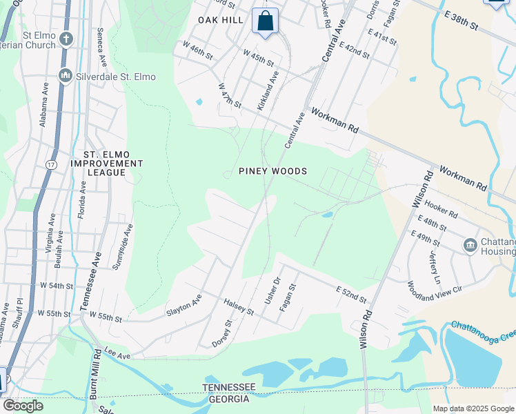 map of restaurants, bars, coffee shops, grocery stores, and more near 5103 Central Avenue in Chattanooga