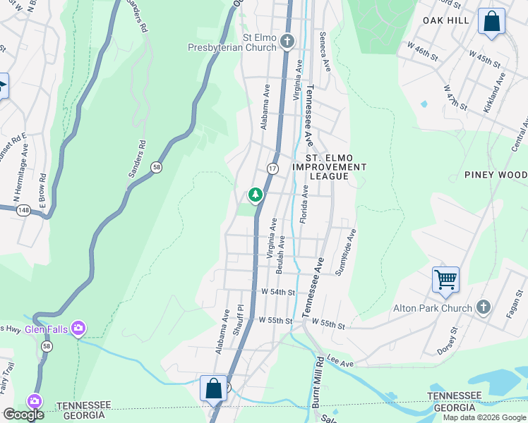 map of restaurants, bars, coffee shops, grocery stores, and more near 4920 Saint Elmo Avenue in Chattanooga