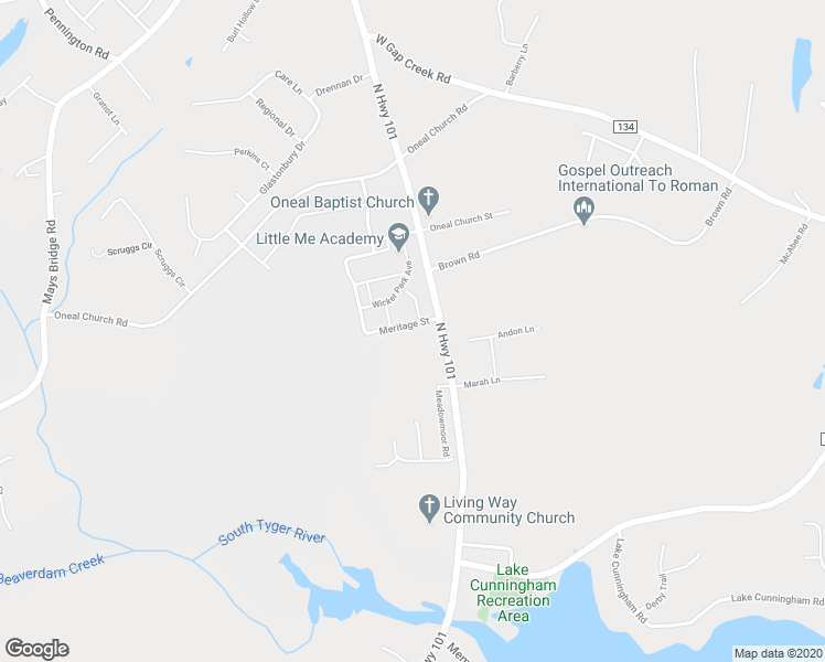 map of restaurants, bars, coffee shops, grocery stores, and more near 105 Meritage St in Greer