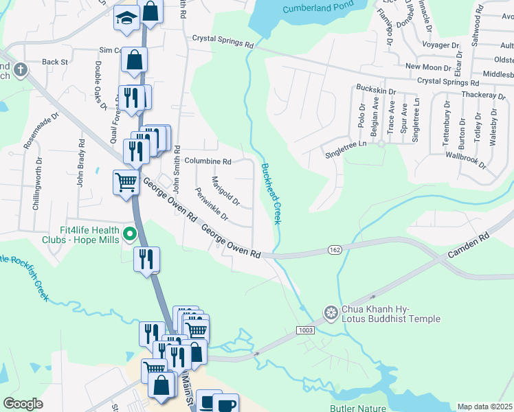 map of restaurants, bars, coffee shops, grocery stores, and more near 5846 Columbine Road in Fayetteville
