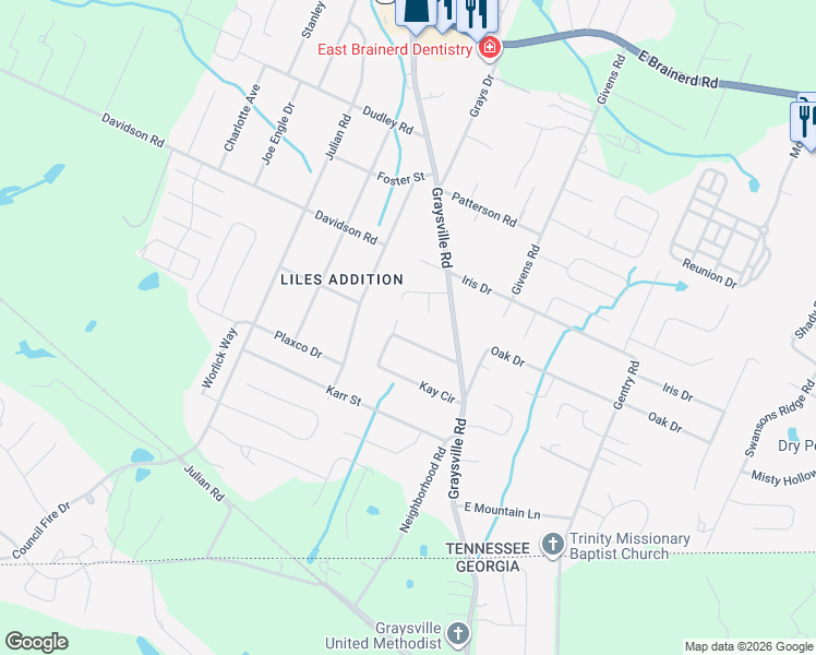map of restaurants, bars, coffee shops, grocery stores, and more near 827 Kay Circle in Chattanooga