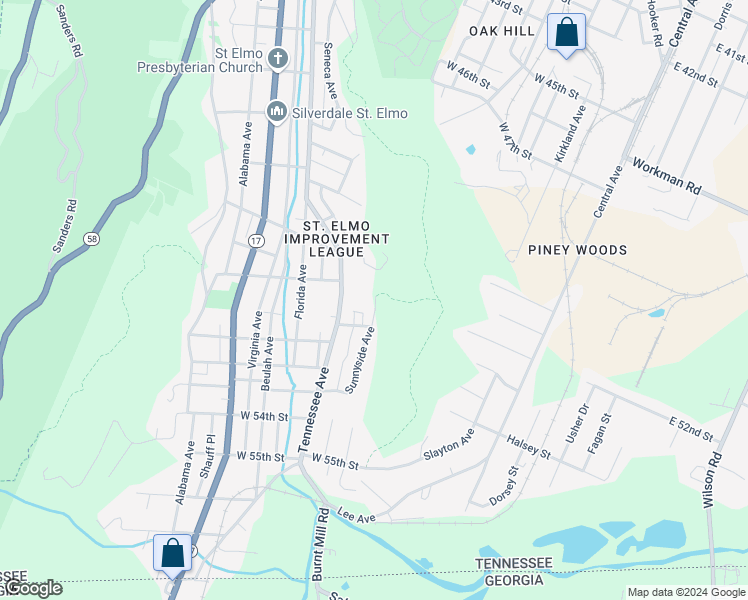 map of restaurants, bars, coffee shops, grocery stores, and more near 4907 Sunnyside Avenue in Chattanooga