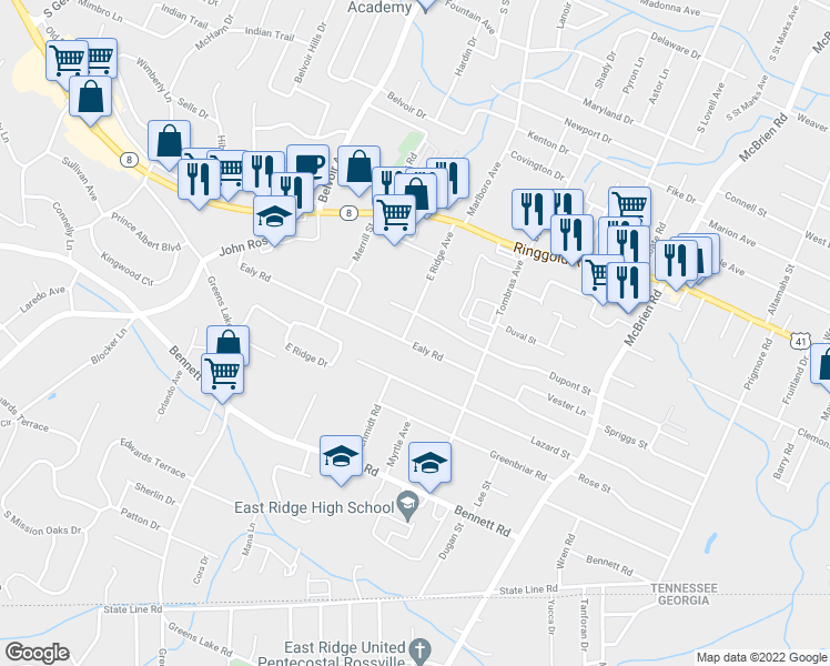 map of restaurants, bars, coffee shops, grocery stores, and more near 1706 East Ridge Avenue in Chattanooga