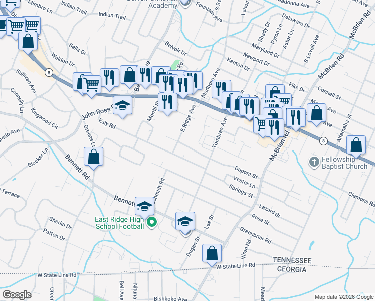 map of restaurants, bars, coffee shops, grocery stores, and more near 4218 Dupont Street in Chattanooga