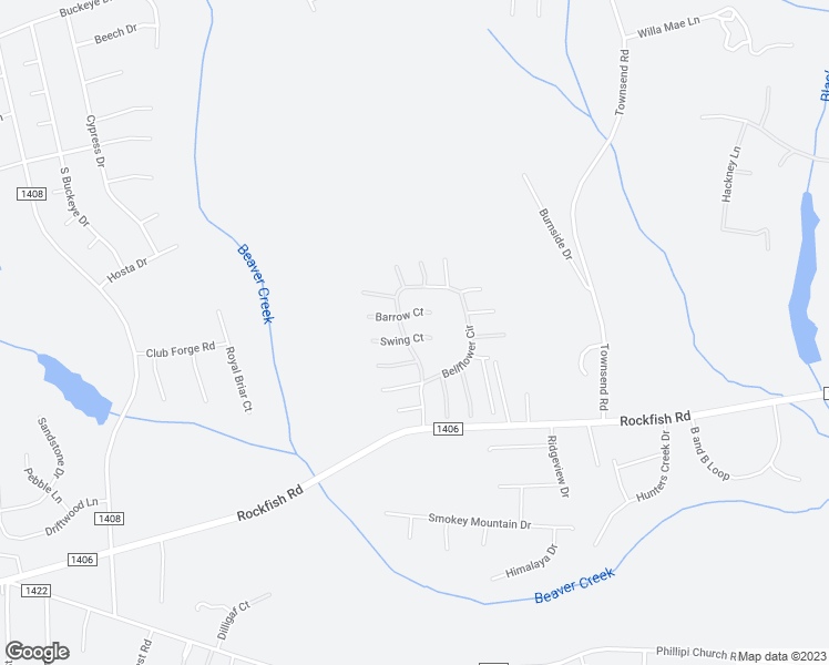 map of restaurants, bars, coffee shops, grocery stores, and more near 203 Swing Court in Raeford
