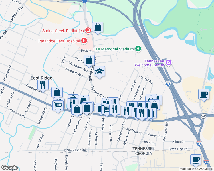 map of restaurants, bars, coffee shops, grocery stores, and more near 1208 Spring Creek Road in Chattanooga