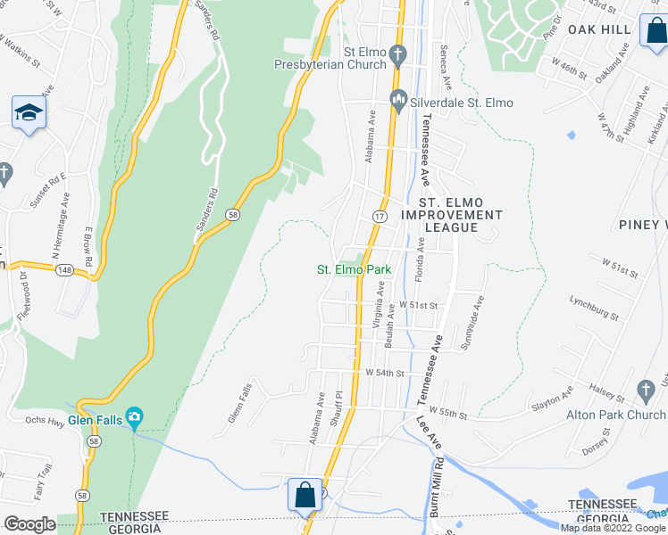 map of restaurants, bars, coffee shops, grocery stores, and more near 4915 Alabama Avenue in Chattanooga