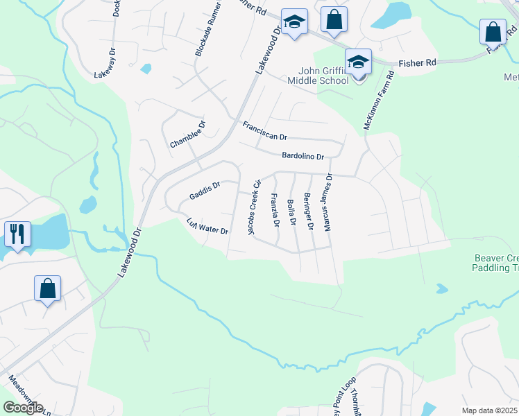 map of restaurants, bars, coffee shops, grocery stores, and more near 6612 Jacobs Creek Circle in Fayetteville