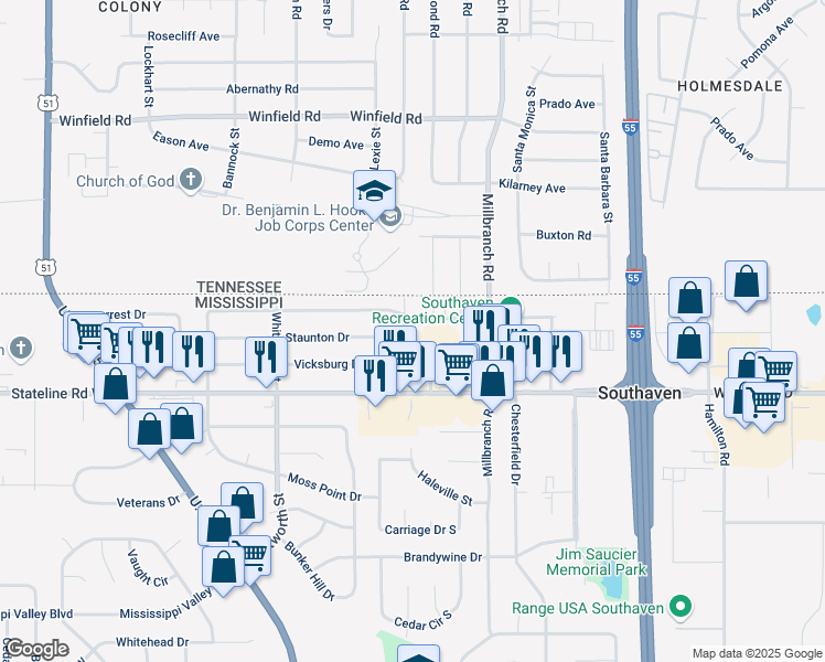 map of restaurants, bars, coffee shops, grocery stores, and more near 1120 Stateline Road East in Southaven
