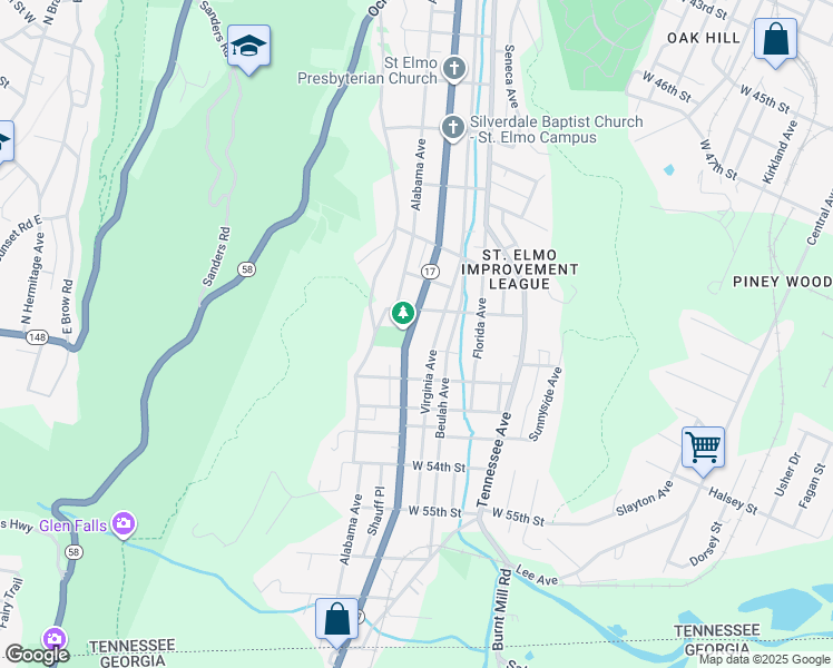 map of restaurants, bars, coffee shops, grocery stores, and more near 4912 Saint Elmo Avenue in Chattanooga