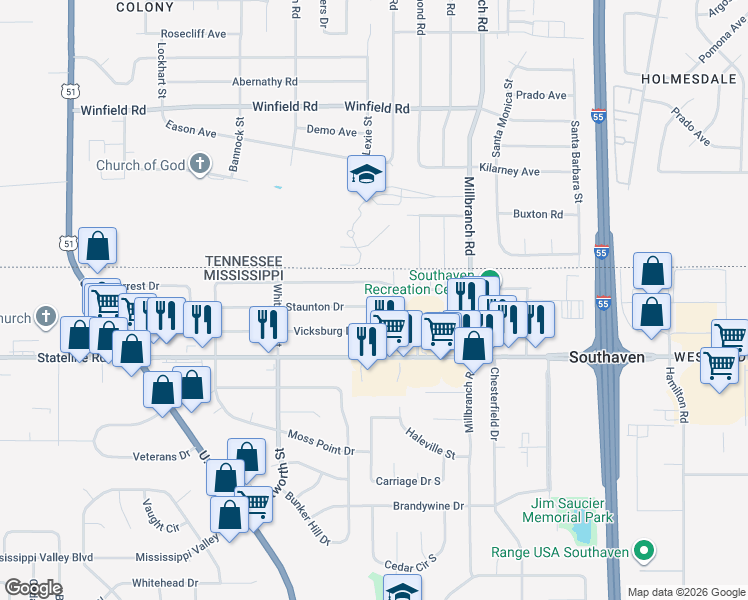 map of restaurants, bars, coffee shops, grocery stores, and more near 1257 Staunton Drive in Southaven