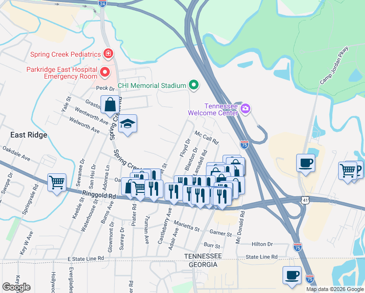map of restaurants, bars, coffee shops, grocery stores, and more near 1032 Floyd Drive in Chattanooga