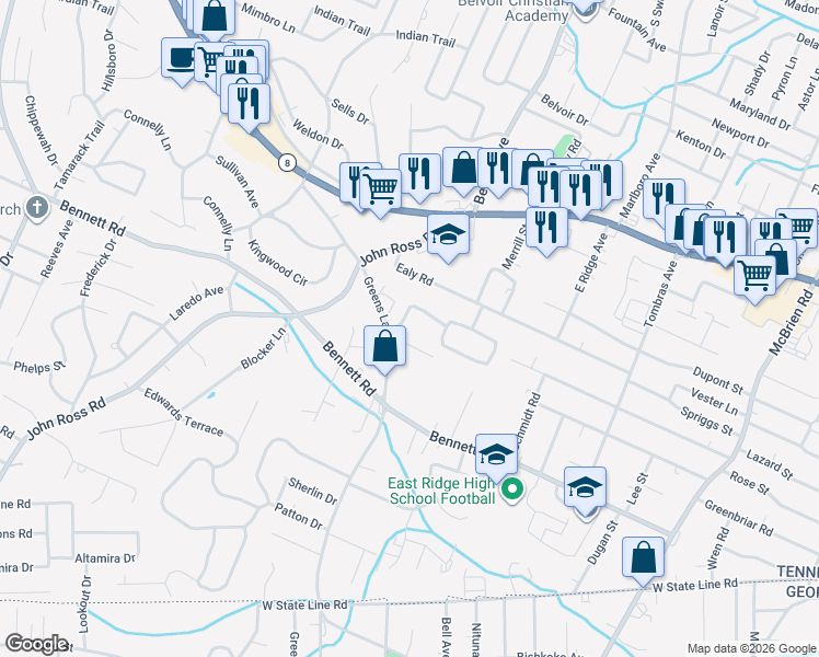 map of restaurants, bars, coffee shops, grocery stores, and more near 4108 Greenbriar Road in Chattanooga