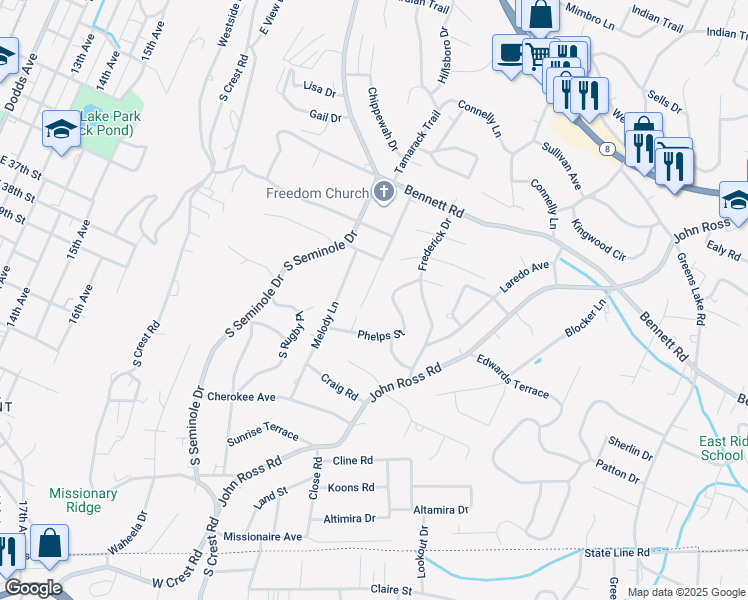 map of restaurants, bars, coffee shops, grocery stores, and more near 1414 Reeves Avenue in Chattanooga