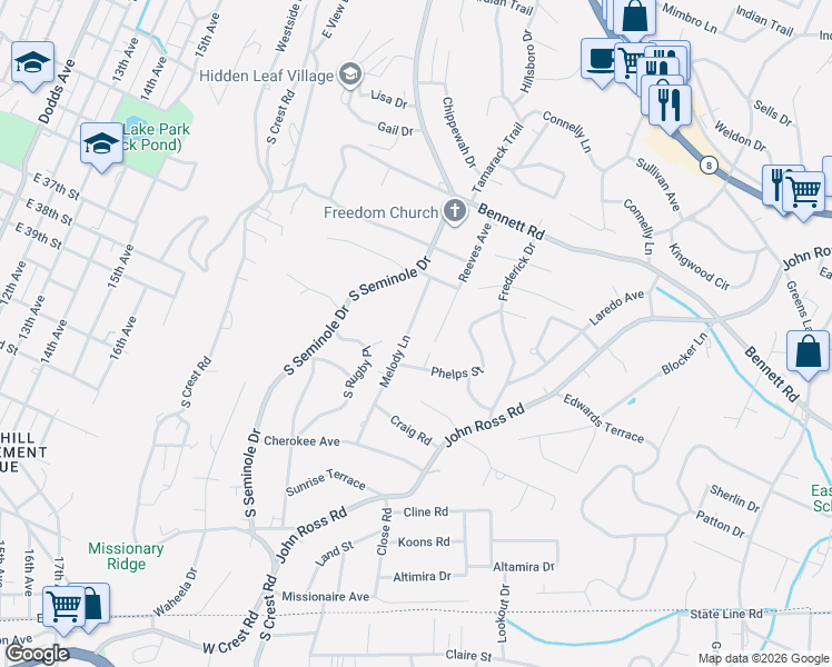 map of restaurants, bars, coffee shops, grocery stores, and more near 1428 Melody Lane in Chattanooga