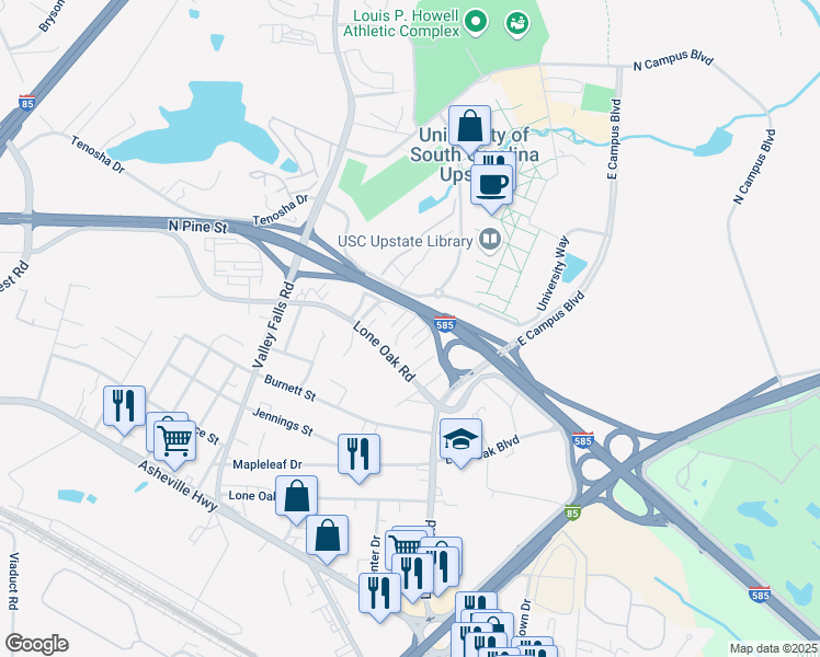 map of restaurants, bars, coffee shops, grocery stores, and more near 651 Katelyn Drive in Spartanburg