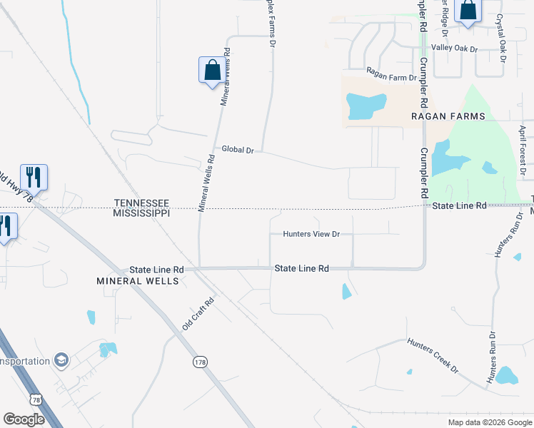 map of restaurants, bars, coffee shops, grocery stores, and more near 9076 Hunters Ridge Drive in Olive Branch