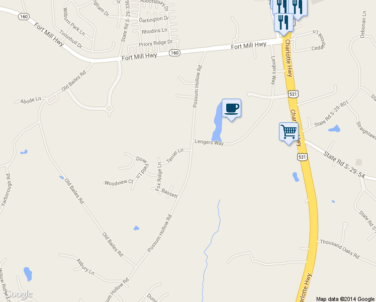 map of restaurants, bars, coffee shops, grocery stores, and more near 9419 Possum Hollow Road in Fort Mill