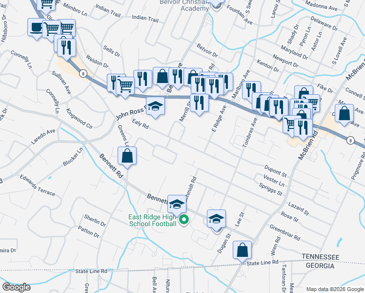 map of restaurants, bars, coffee shops, grocery stores, and more near 4148 East Ridge Drive in Chattanooga