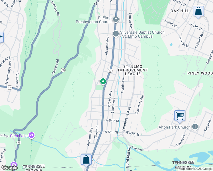 map of restaurants, bars, coffee shops, grocery stores, and more near 4920 Saint Elmo Avenue in Chattanooga