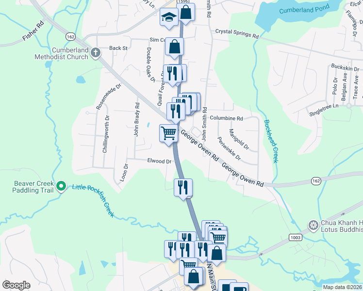 map of restaurants, bars, coffee shops, grocery stores, and more near 2731 Hope Mills Road in Fayetteville