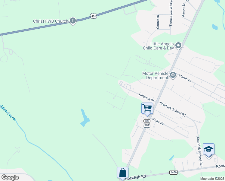 map of restaurants, bars, coffee shops, grocery stores, and more near 612 Hazel Ln in Raeford