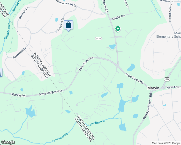map of restaurants, bars, coffee shops, grocery stores, and more near 10501 New Town Road in Waxhaw