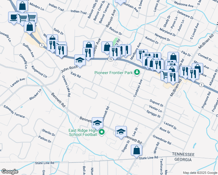map of restaurants, bars, coffee shops, grocery stores, and more near 4114 Ealy Road in Chattanooga