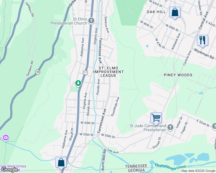 map of restaurants, bars, coffee shops, grocery stores, and more near 4910 Tennessee Avenue in Chattanooga