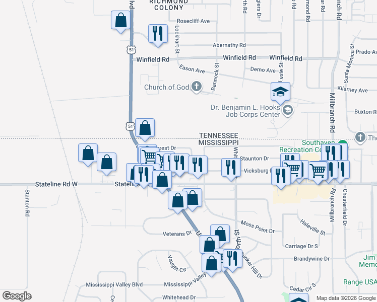 map of restaurants, bars, coffee shops, grocery stores, and more near 1763 Forrest Cove in Southaven